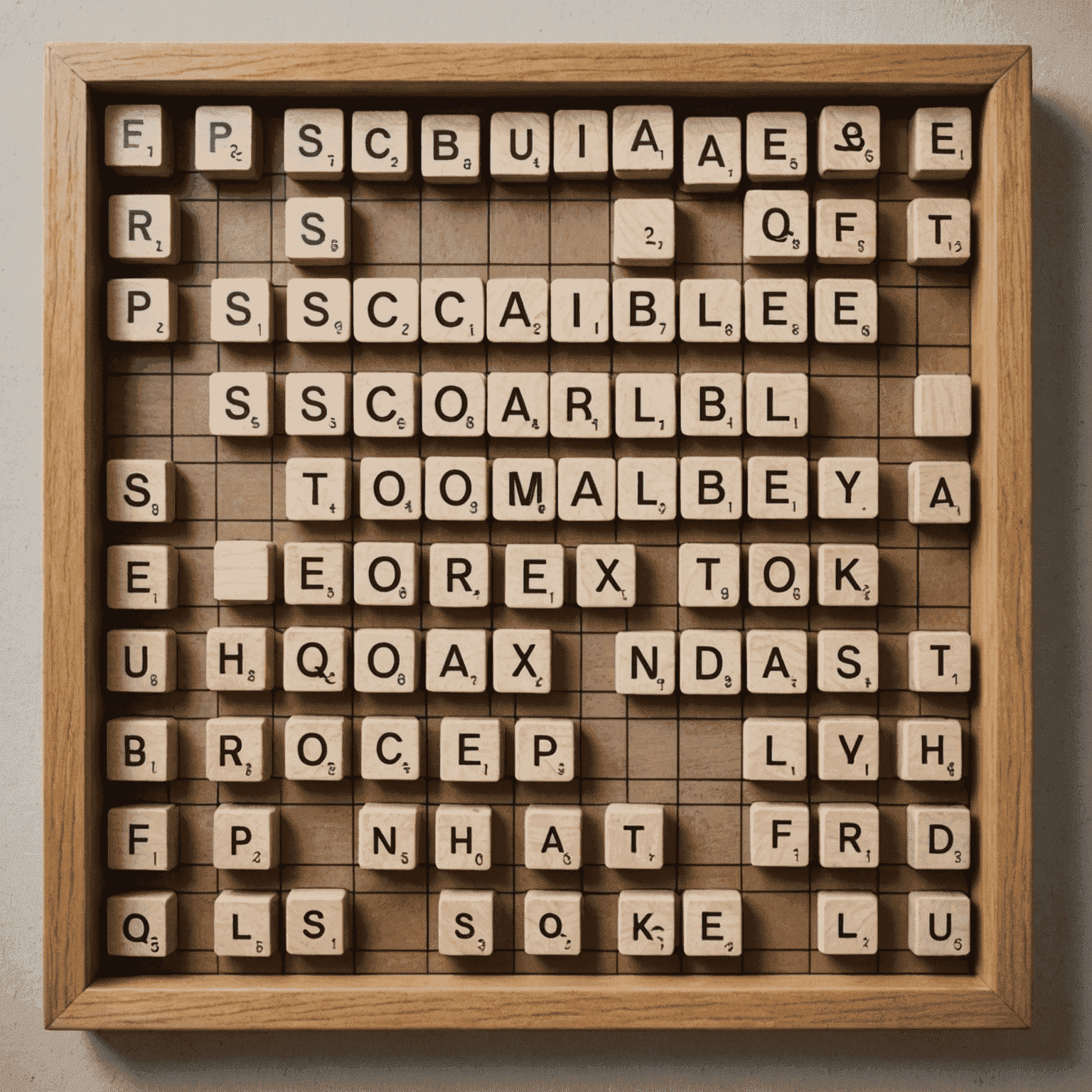 Plansza Scrabble z ułożonymi słowami i stojakami na litery.