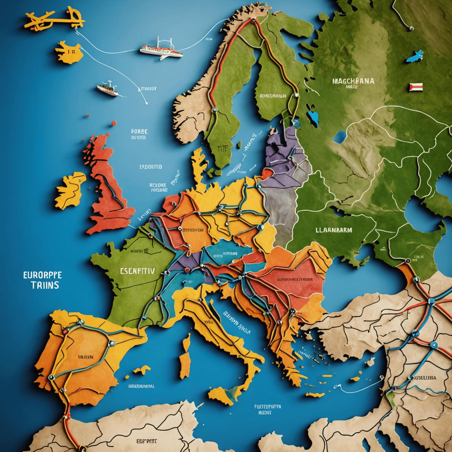 Mapa Europy z kolorowymi trasami kolejowymi i miniaturowymi pociągami.